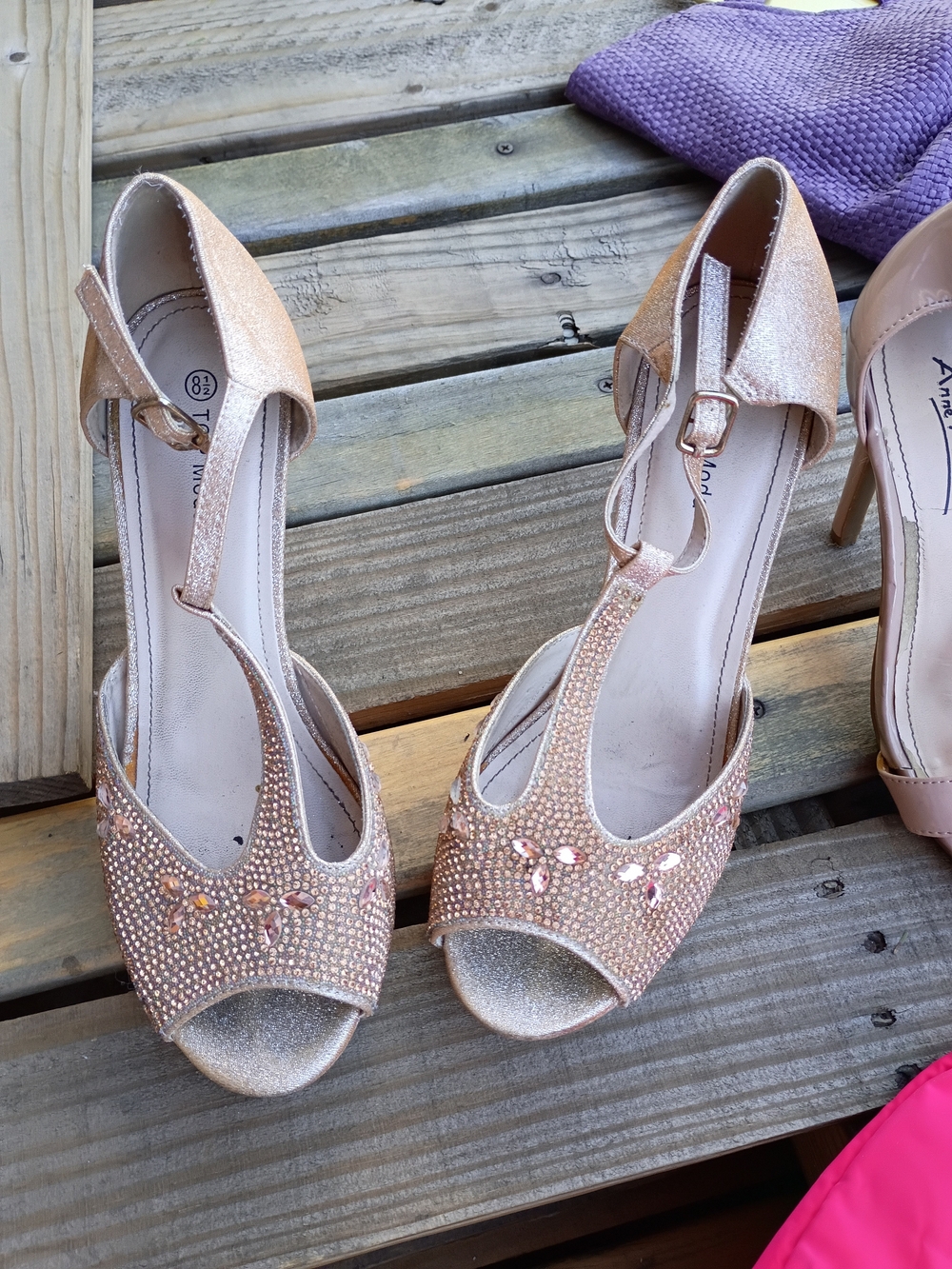 TOP Moda Rose Gold T-Strap Crystal Peep Toe Heels